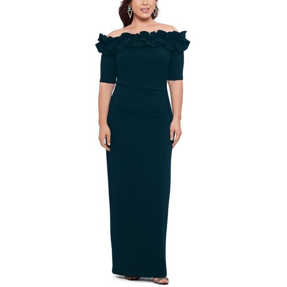 Xscape Women's Plus Size Ruffled Off-The-Shoulder Gown - Pin 20W - Picture 1 of 6